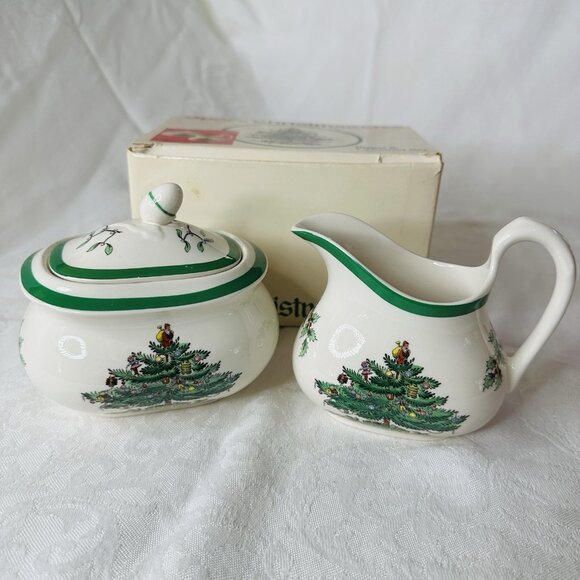 Vintage Spode Christmas Tree Sugar & Creamer Set Bowl Pitcher Lid Santa England - Picture 1 of 16